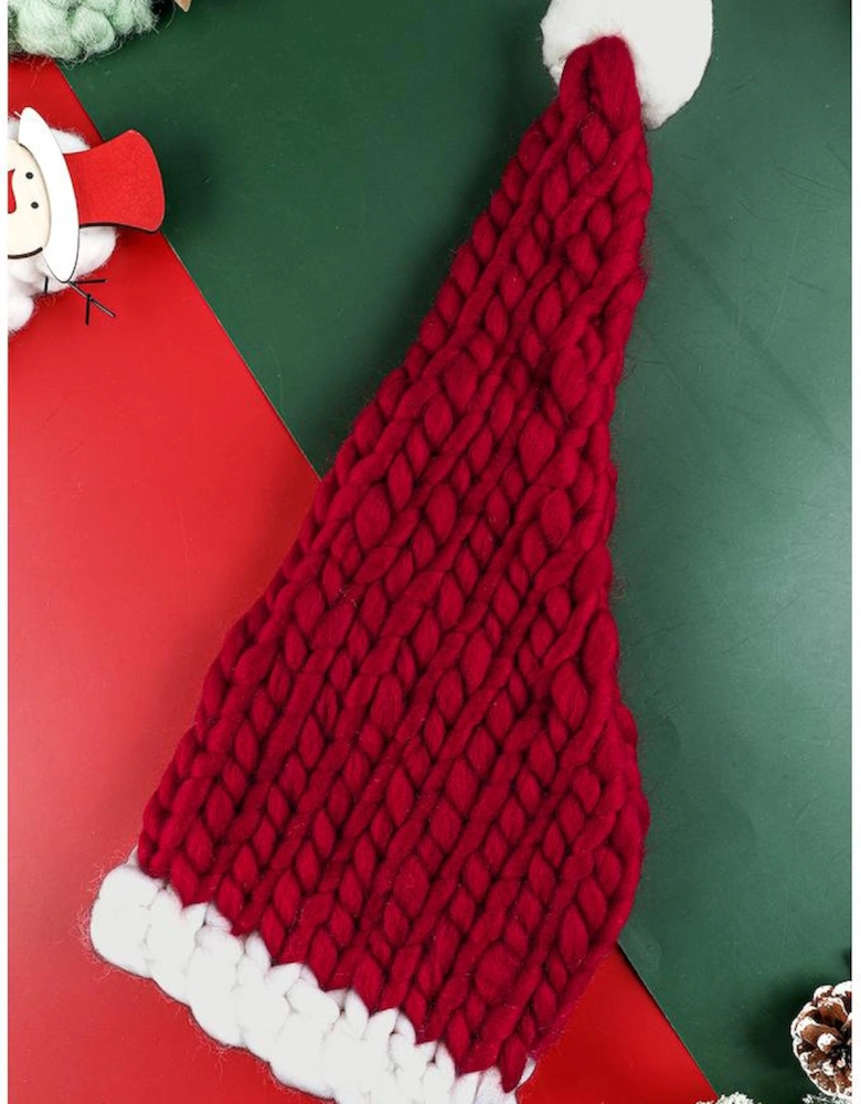 Red Dahlia Color Block Pom Pom Decor Chunky Knitted Christmas Hat