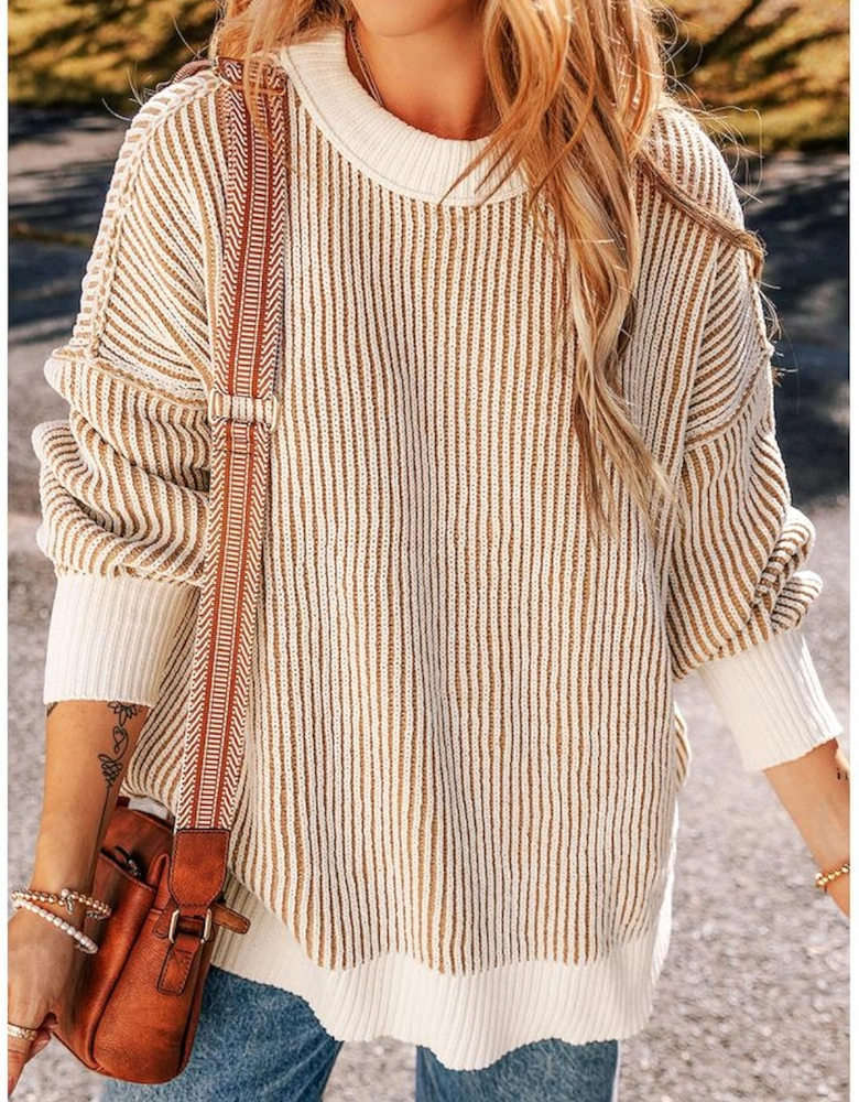 Chestnut Striped Textured Knit Contrast Edge Loose Sweater