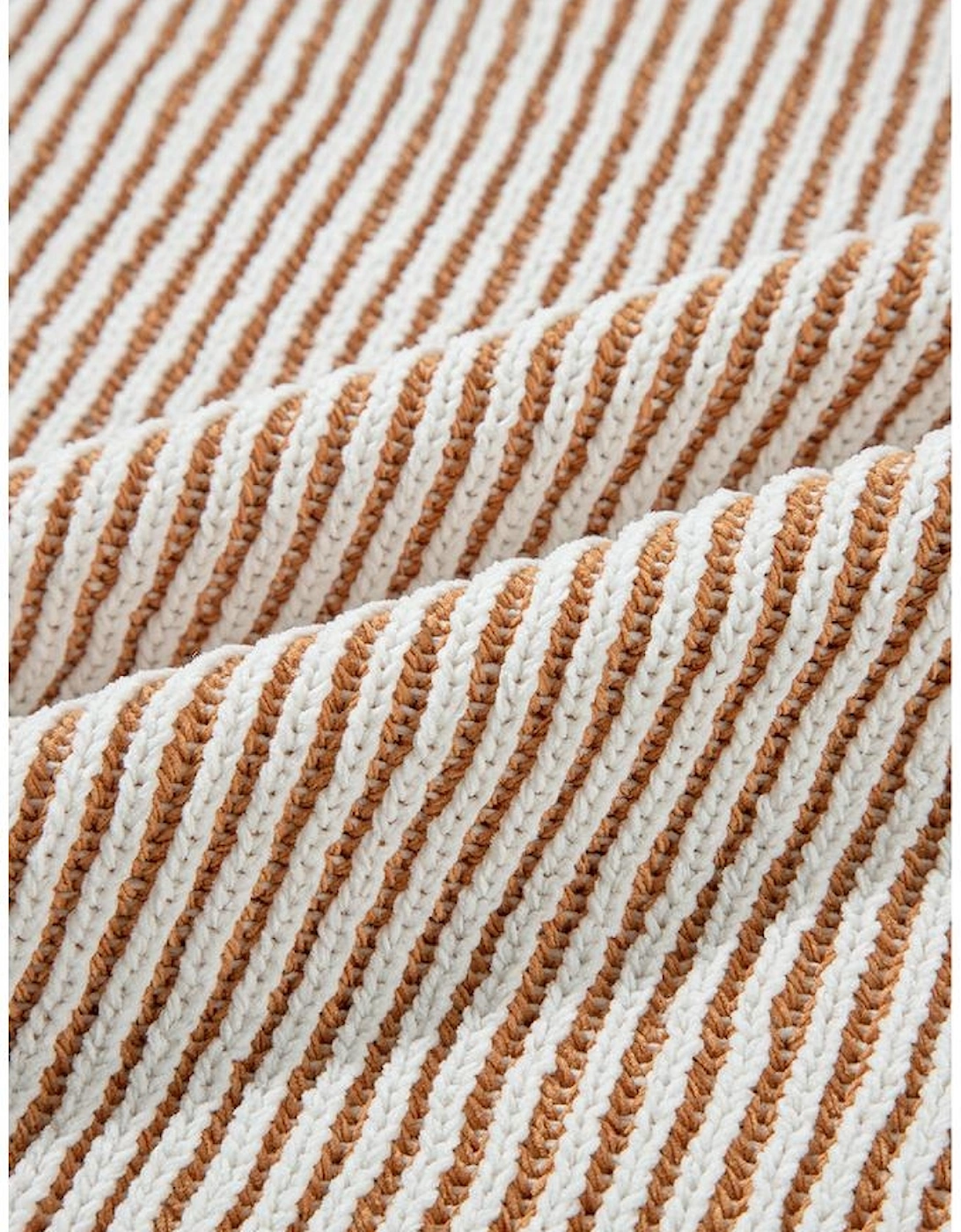 Chestnut Striped Textured Knit Contrast Edge Loose Sweater