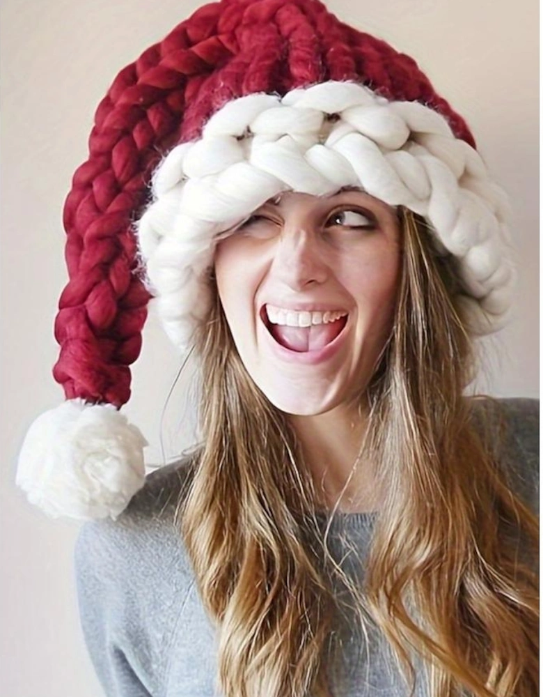 Red Dahlia Color Block Pom Pom Decor Chunky Knitted Christmas Hat