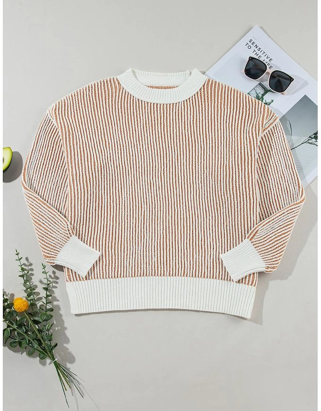 Chestnut Striped Textured Knit Contrast Edge Loose Sweater