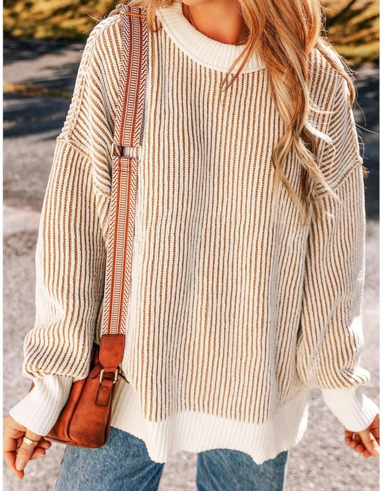 Chestnut Striped Textured Knit Contrast Edge Loose Sweater