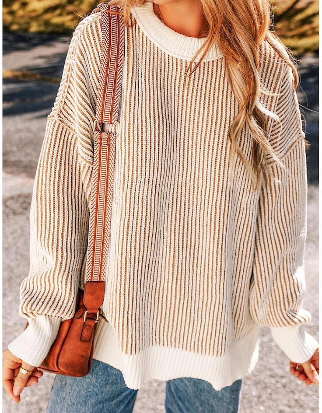 Chestnut Striped Textured Knit Contrast Edge Loose Sweater
