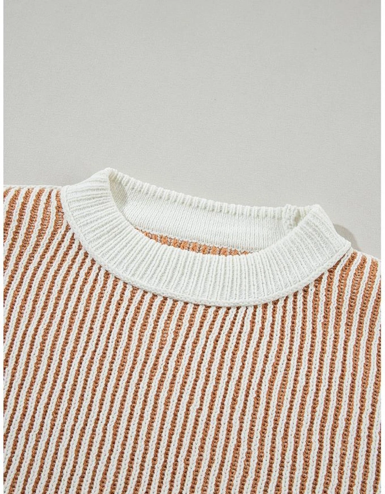 Chestnut Striped Textured Knit Contrast Edge Loose Sweater