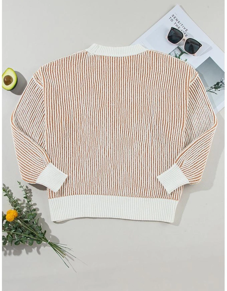 Chestnut Striped Textured Knit Contrast Edge Loose Sweater