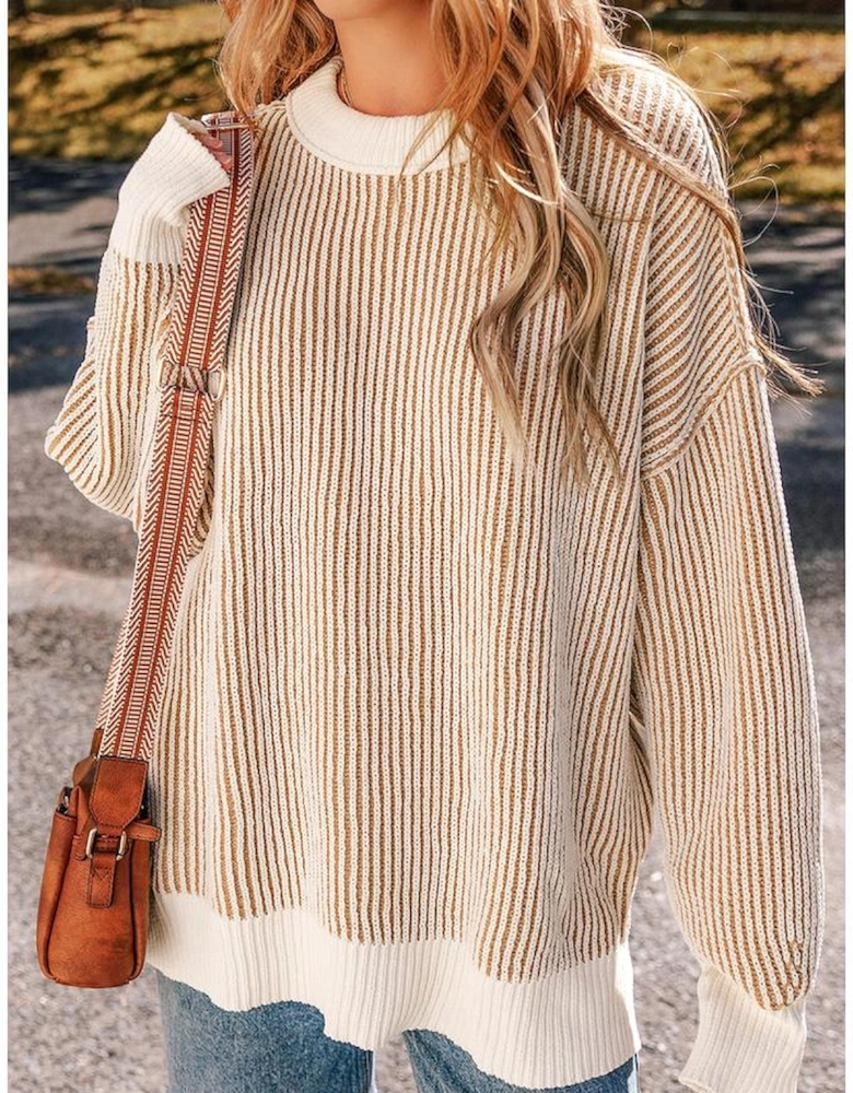 Chestnut Striped Textured Knit Contrast Edge Loose Sweater