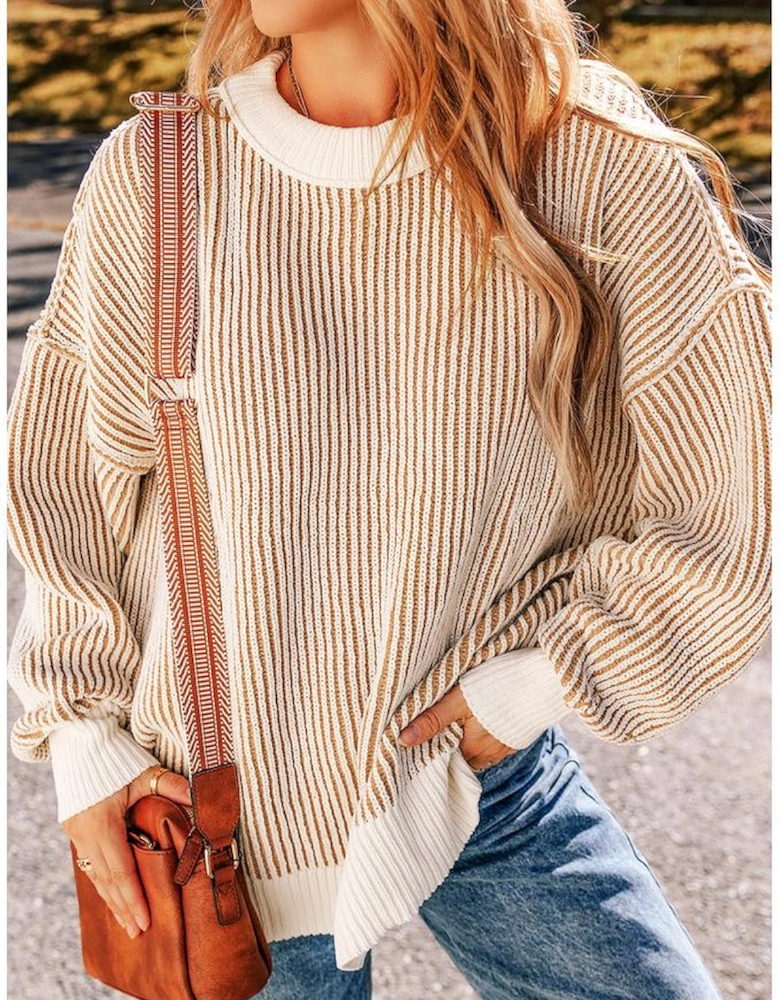 Chestnut Striped Textured Knit Contrast Edge Loose Sweater