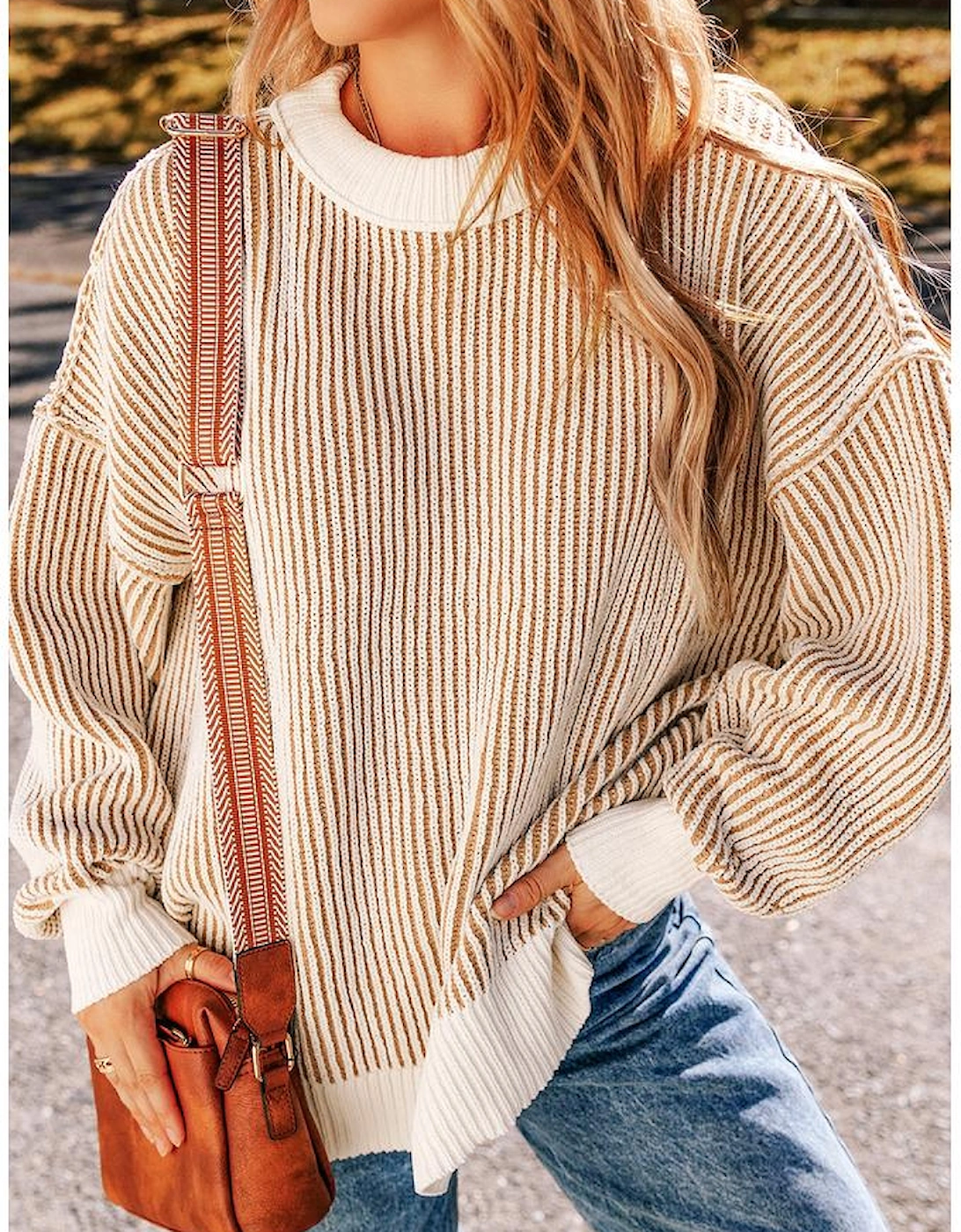 Chestnut Striped Textured Knit Contrast Edge Loose Sweater