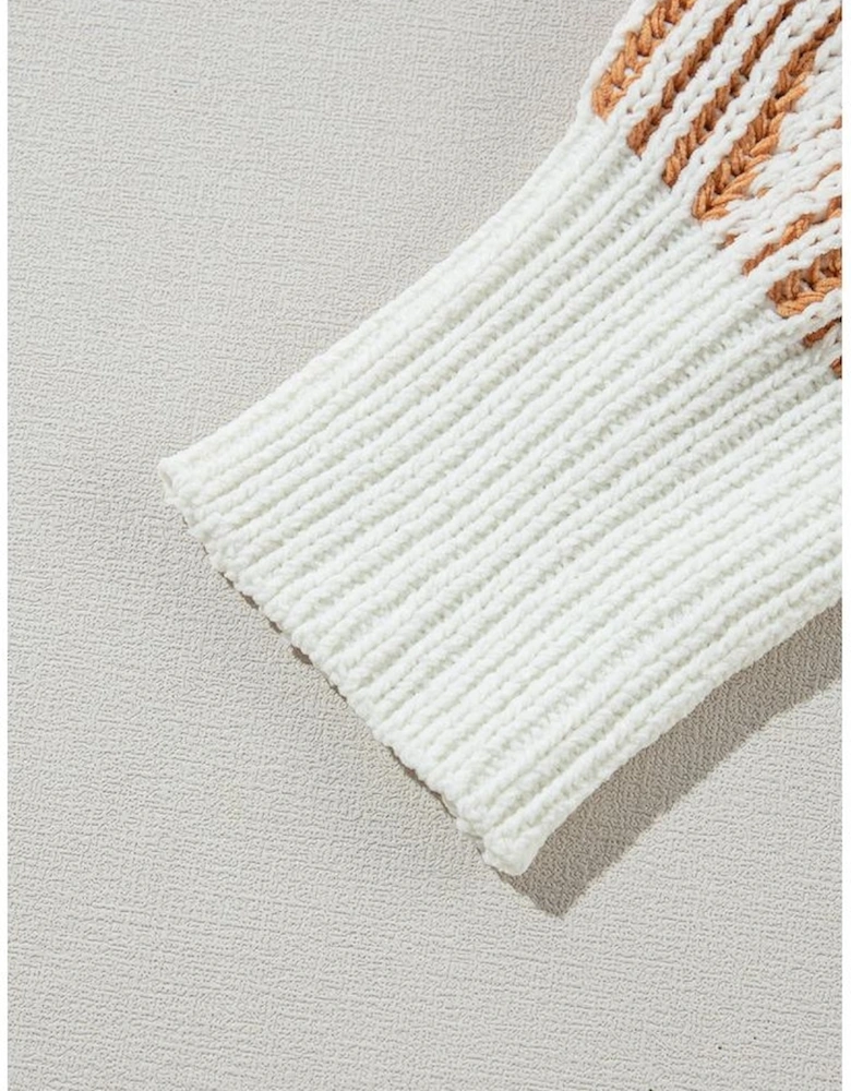 Chestnut Striped Textured Knit Contrast Edge Loose Sweater