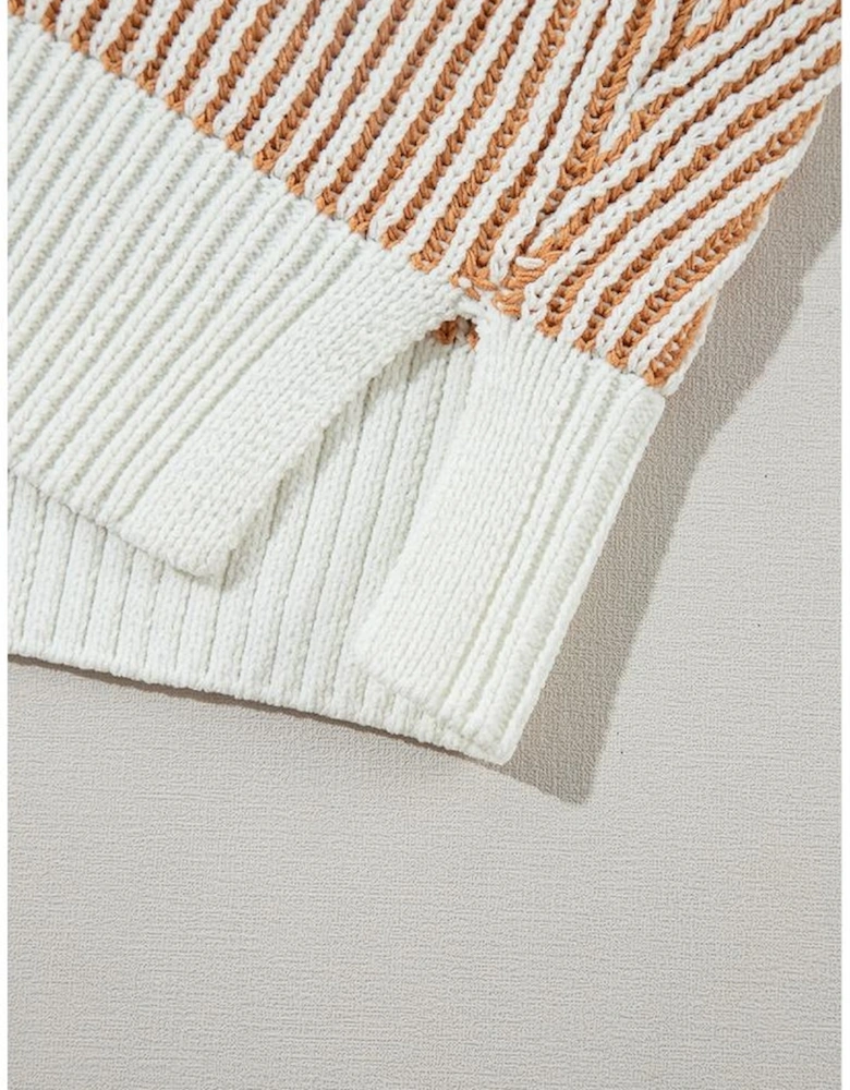Chestnut Striped Textured Knit Contrast Edge Loose Sweater