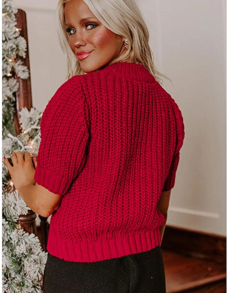 Fiery Red Plaid Lace up Detail Christmas Holiday Puff Short Sleeve Sweater