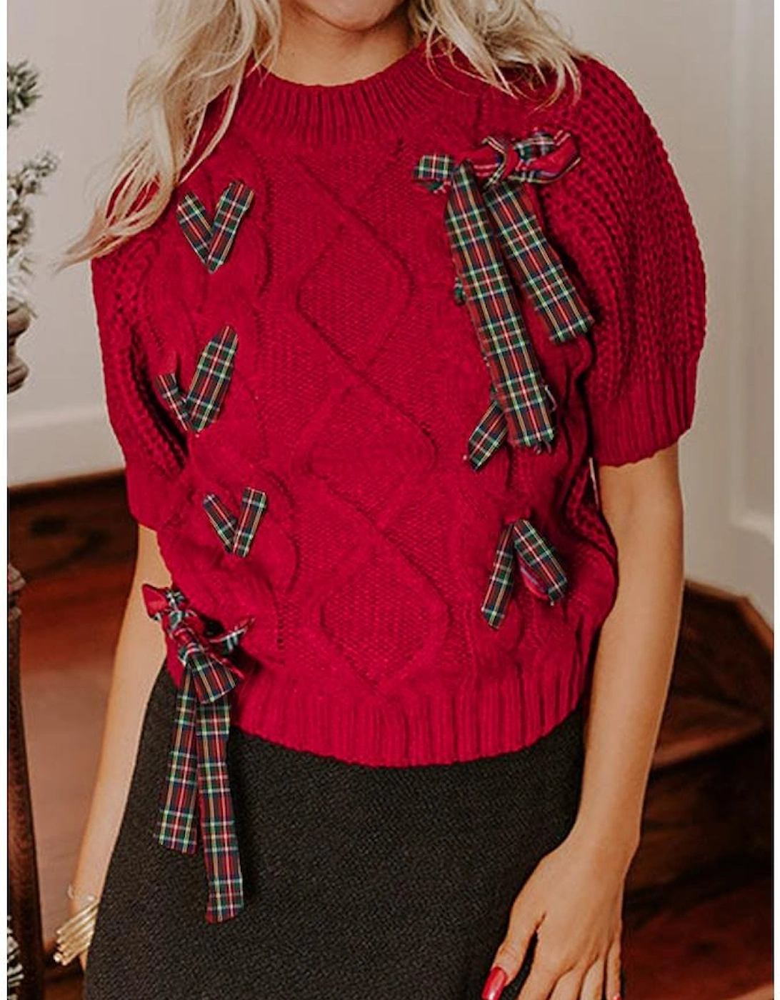 Fiery Red Plaid Lace up Detail Christmas Holiday Puff Short Sleeve Sweater