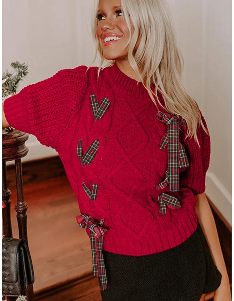 Fiery Red Plaid Lace up Detail Christmas Holiday Puff Short Sleeve Sweater