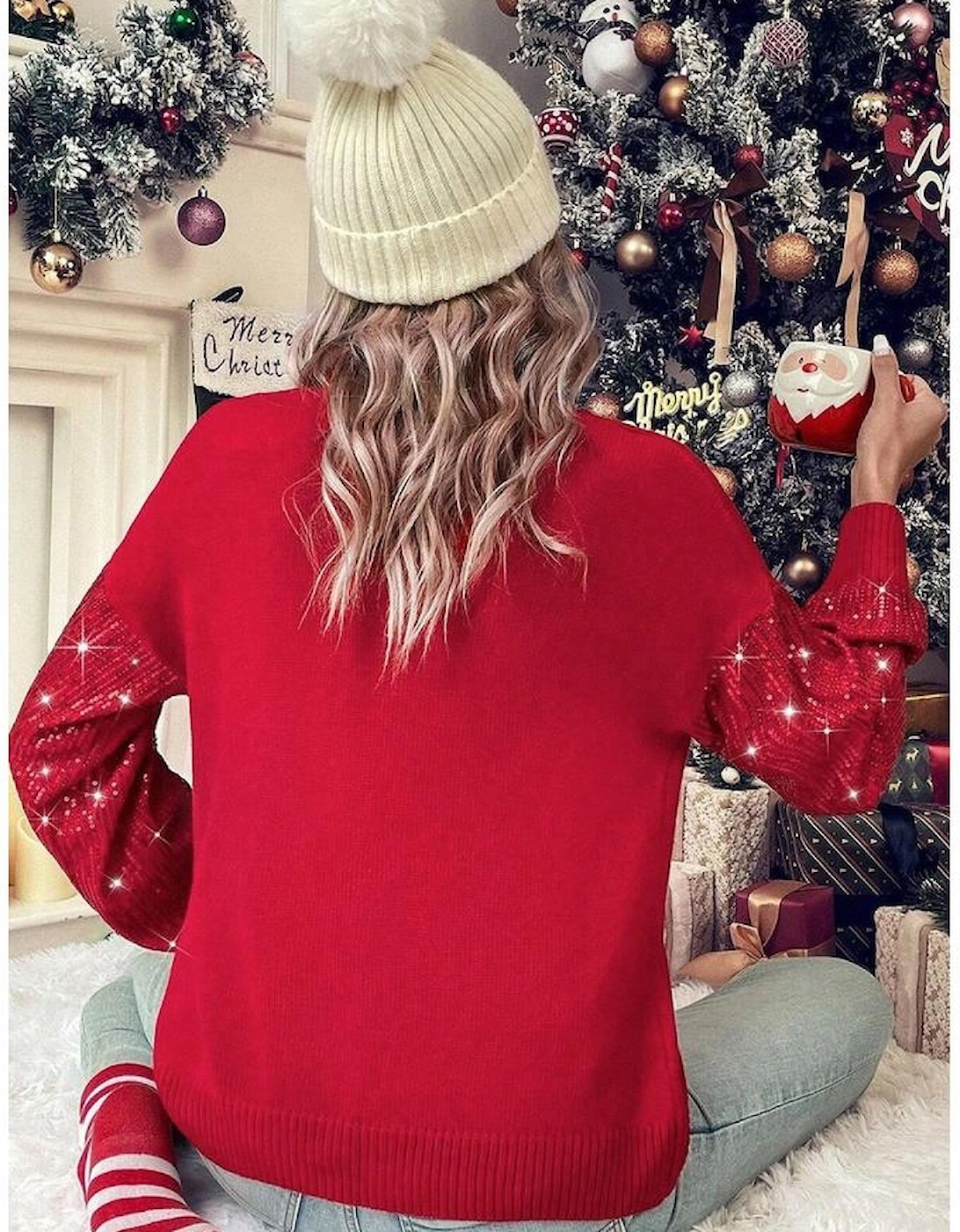 Racing Red Merry Graphic Sequin Sleeve Turtleneck Sweater
