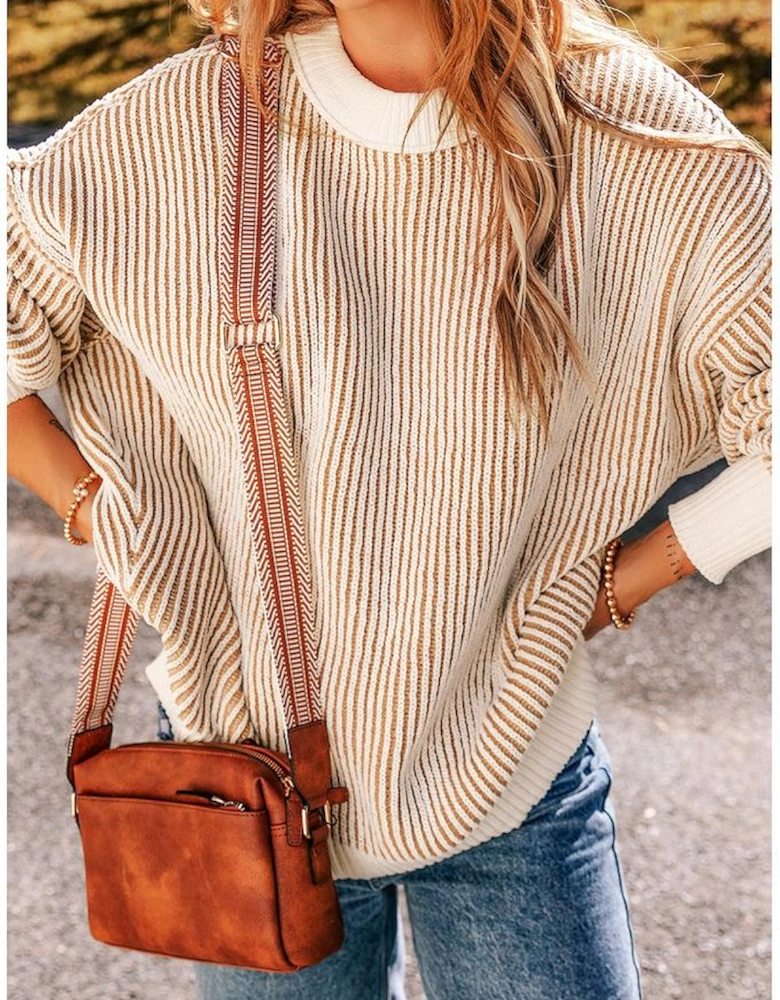 Chestnut Striped Textured Knit Contrast Edge Loose Sweater