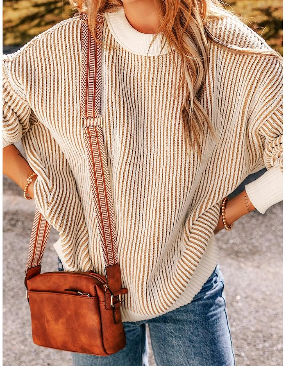 Chestnut Striped Textured Knit Contrast Edge Loose Sweater