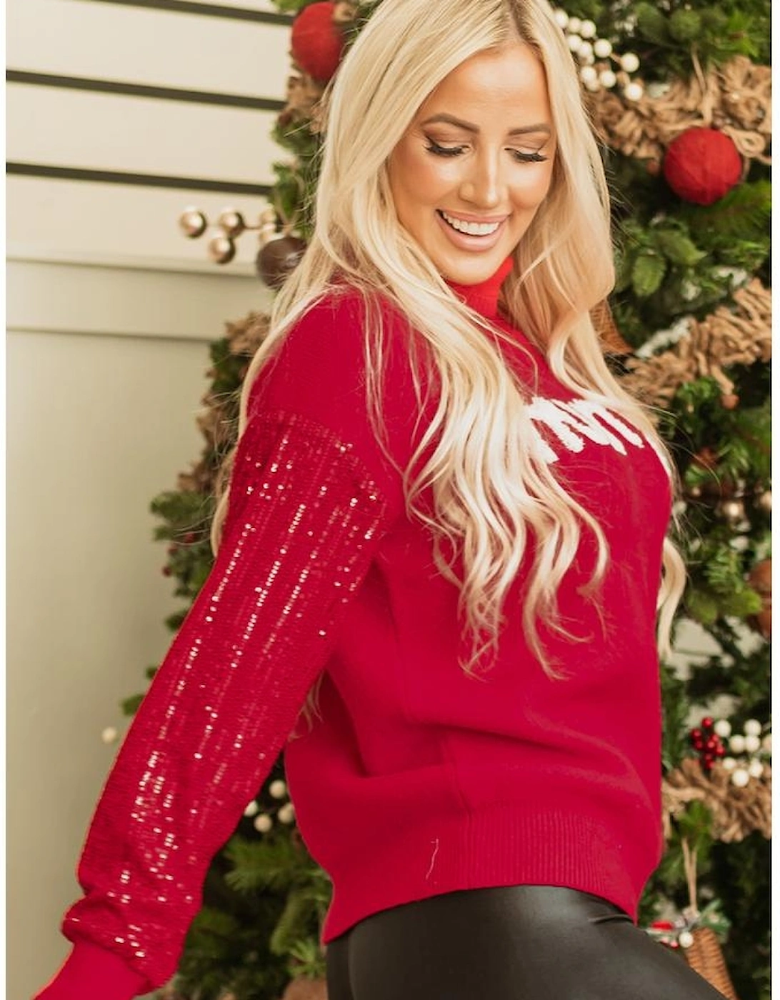 Racing Red Merry Graphic Sequin Sleeve Turtleneck Sweater