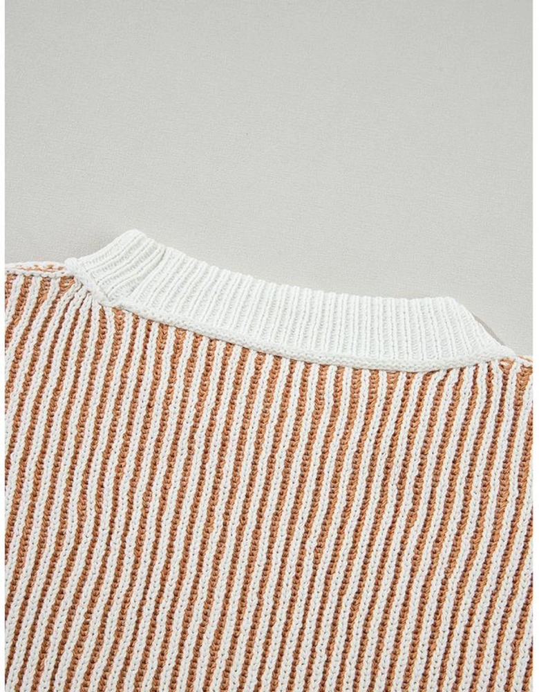 Chestnut Striped Textured Knit Contrast Edge Loose Sweater