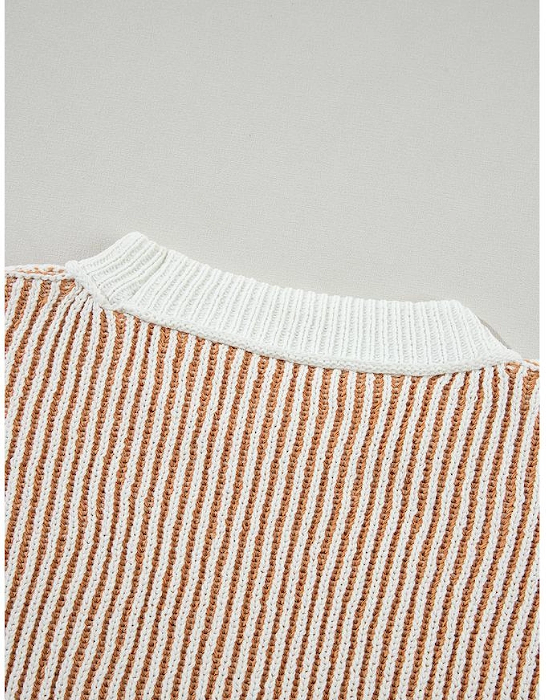 Chestnut Striped Textured Knit Contrast Edge Loose Sweater