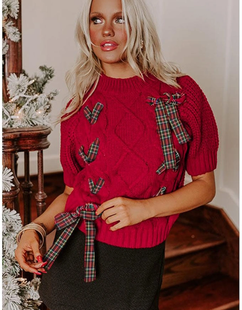 Fiery Red Plaid Lace up Detail Christmas Holiday Puff Short Sleeve Sweater