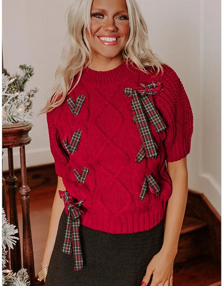 Fiery Red Plaid Lace up Detail Christmas Holiday Puff Short Sleeve Sweater