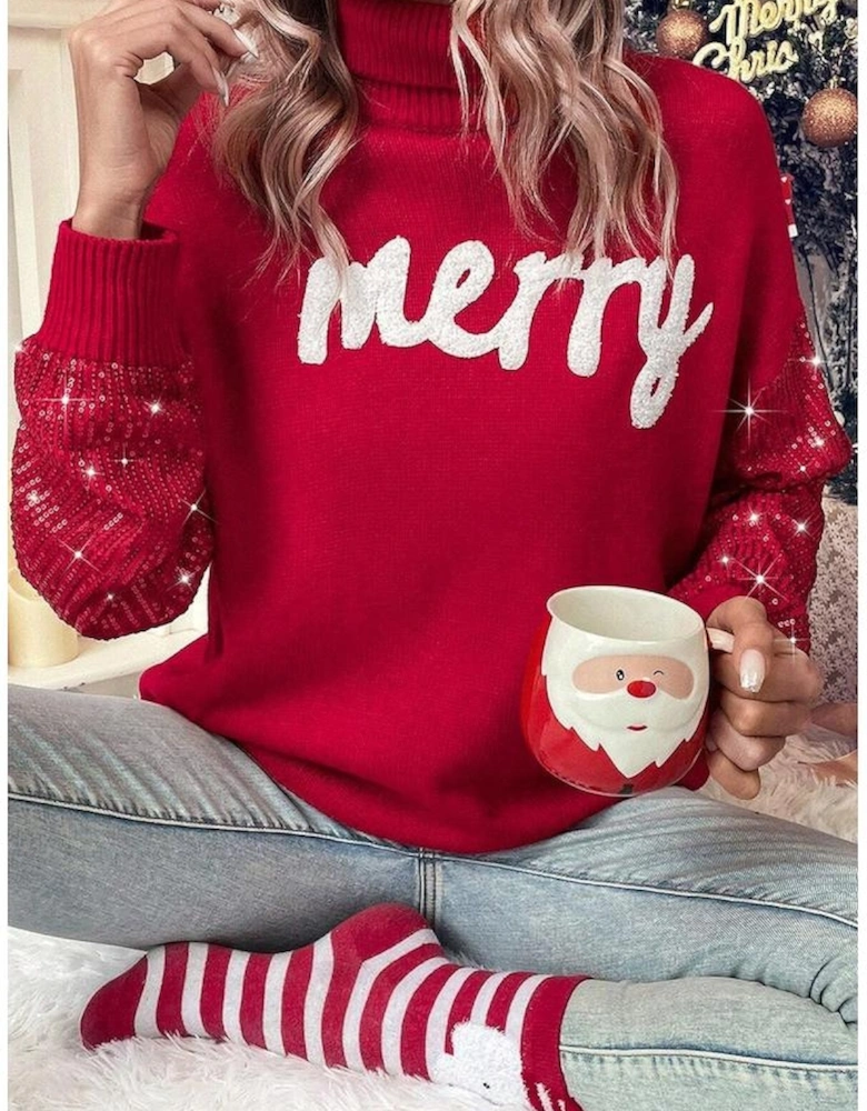 Racing Red Merry Graphic Sequin Sleeve Turtleneck Sweater