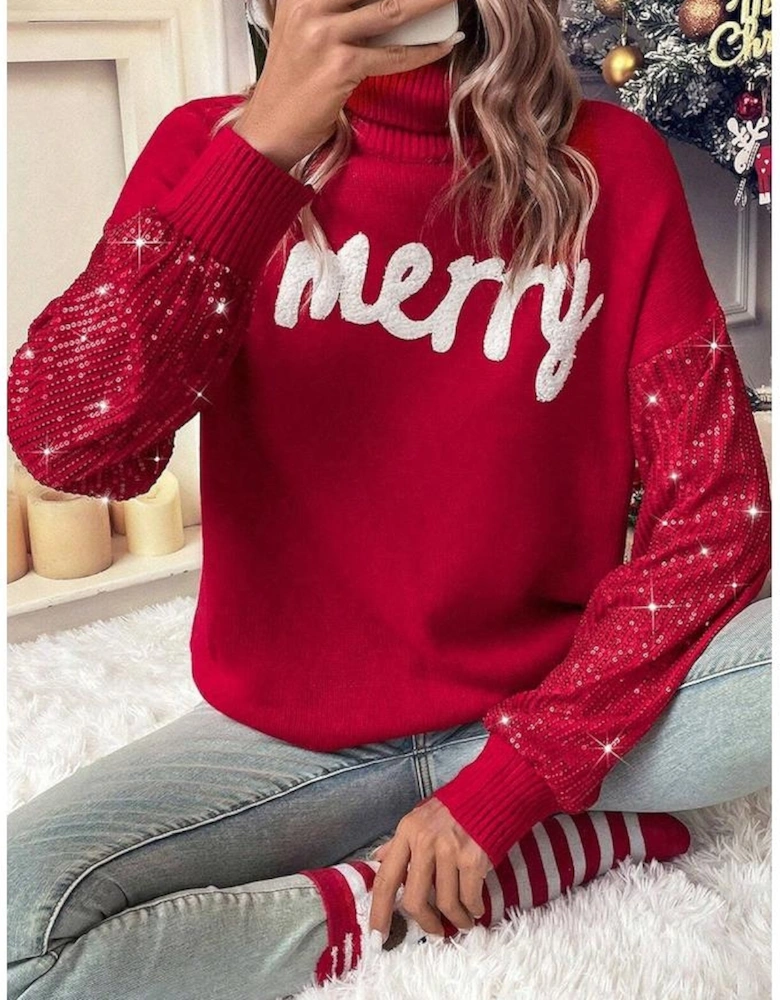 Racing Red Merry Graphic Sequin Sleeve Turtleneck Sweater