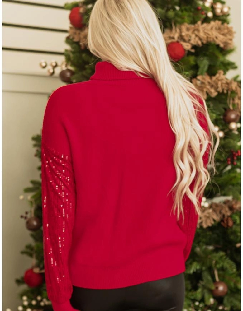 Racing Red Merry Graphic Sequin Sleeve Turtleneck Sweater