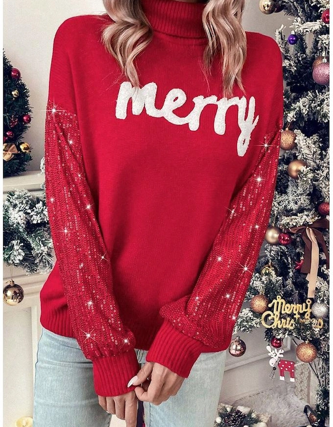 Racing Red Merry Graphic Sequin Sleeve Turtleneck Sweater