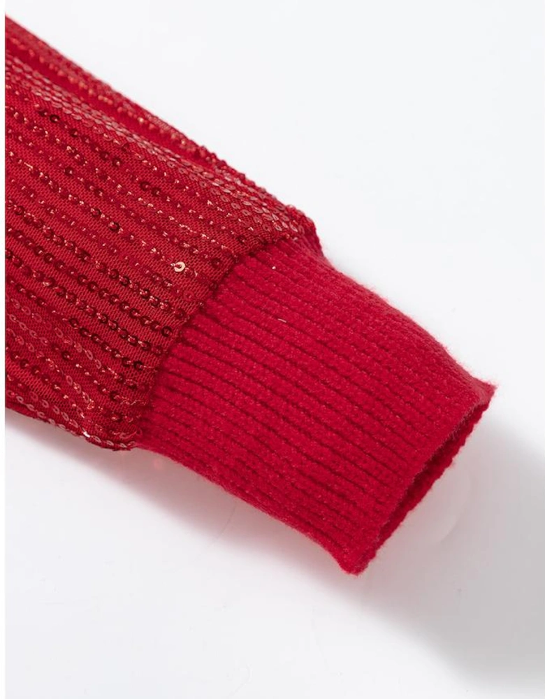 Racing Red Merry Graphic Sequin Sleeve Turtleneck Sweater