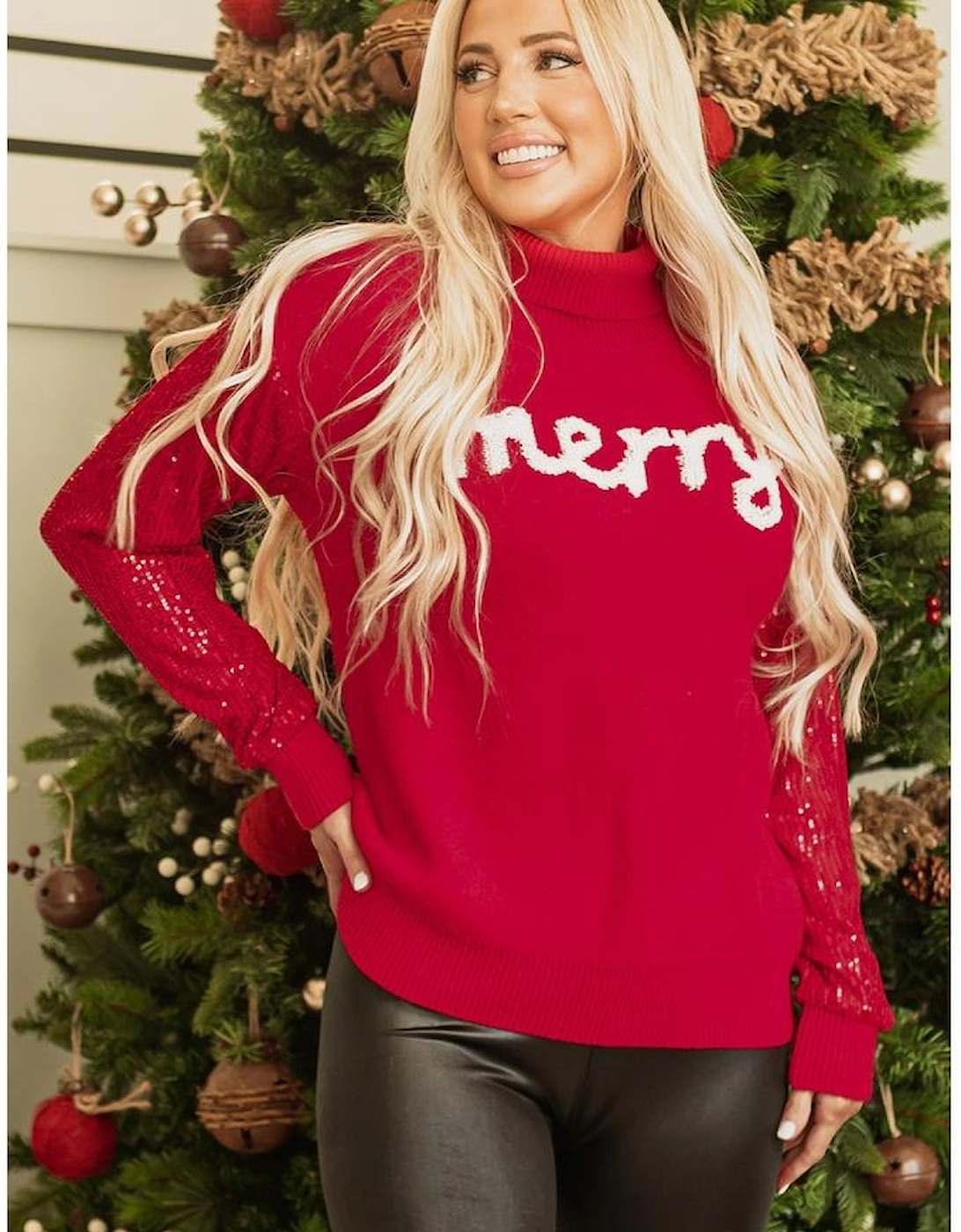 Racing Red Merry Graphic Sequin Sleeve Turtleneck Sweater