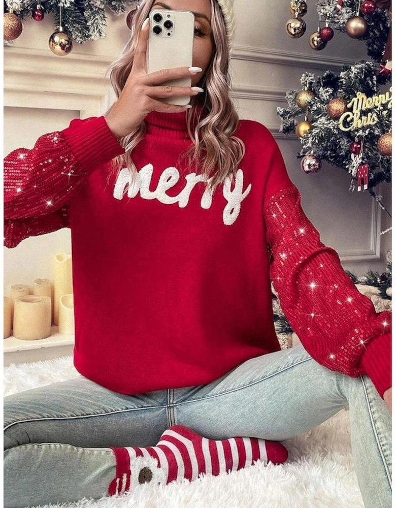 Racing Red Merry Graphic Sequin Sleeve Turtleneck Sweater