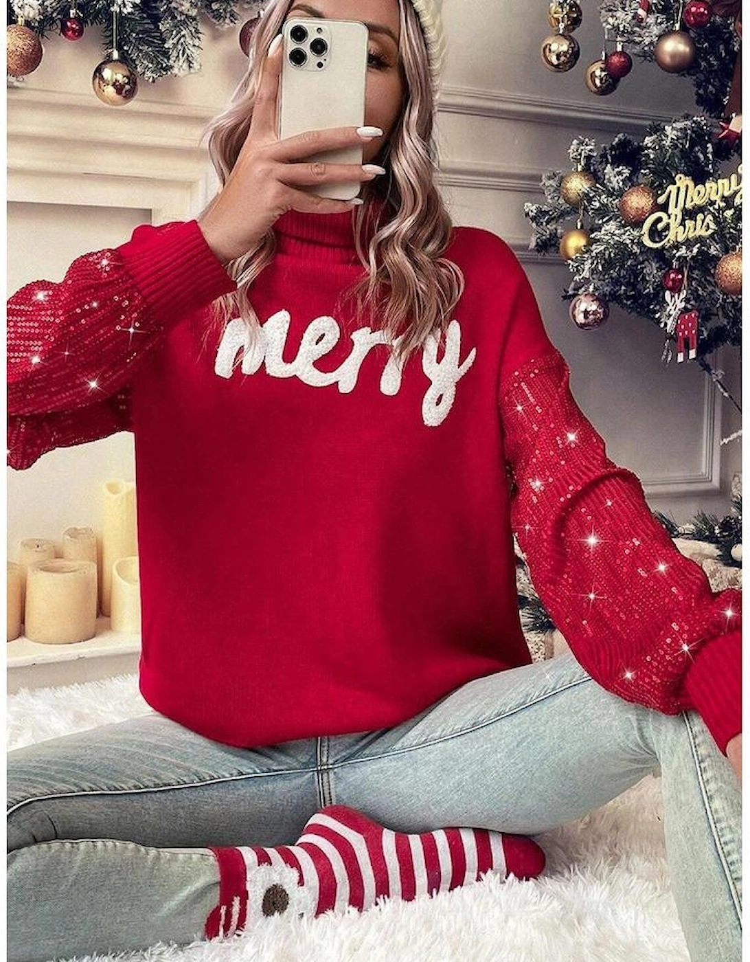 Racing Red Merry Graphic Sequin Sleeve Turtleneck Sweater