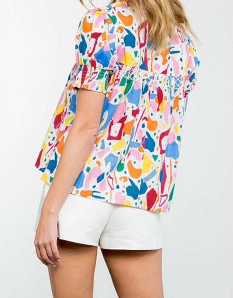 White Abstract Print Shirred Cuff Puff Sleeve Plus Size Blouse