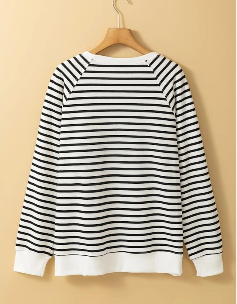 Black Stripe Raglan Sleeve Side Slits Loose Sweatshirt