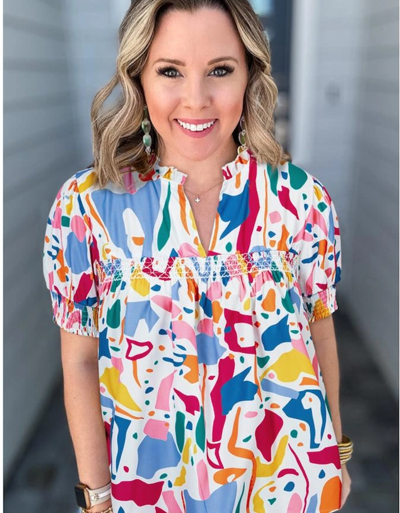 White Abstract Print Shirred Cuff Puff Sleeve Plus Size Blouse