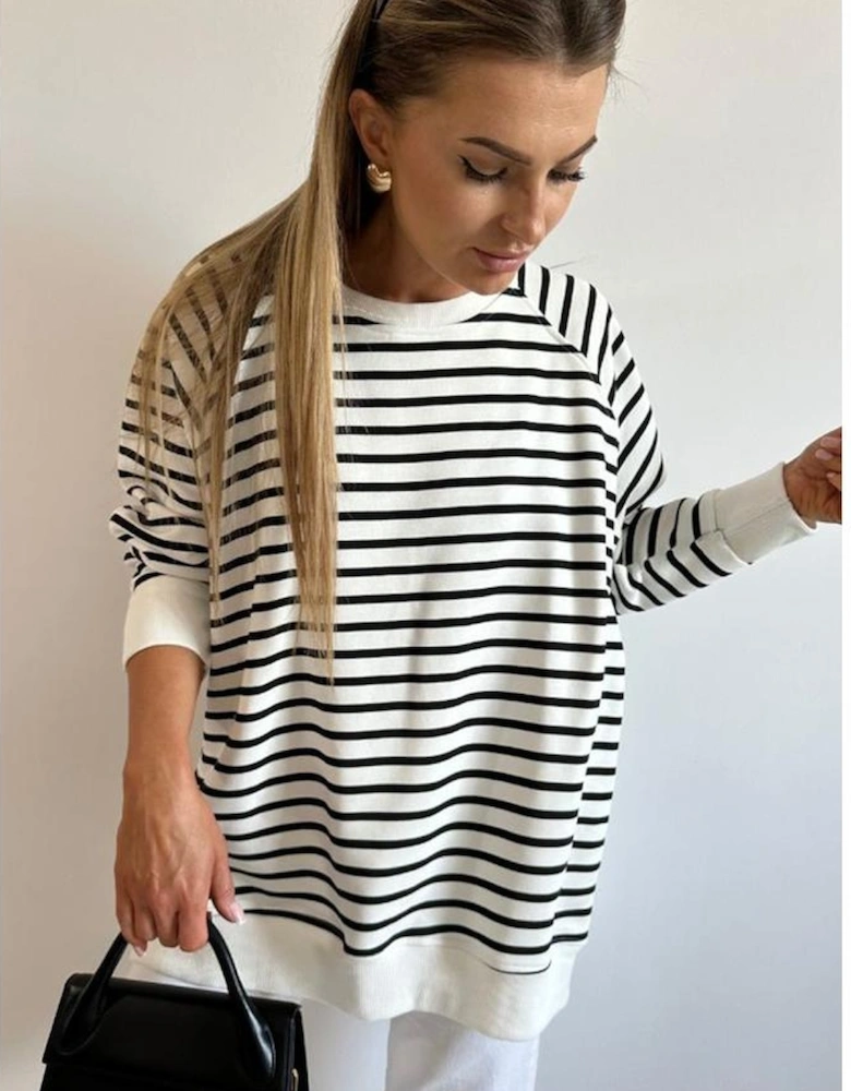 Black Stripe Raglan Sleeve Side Slits Loose Sweatshirt