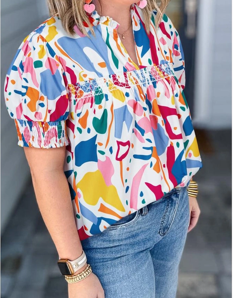 White Abstract Print Shirred Cuff Puff Sleeve Plus Size Blouse