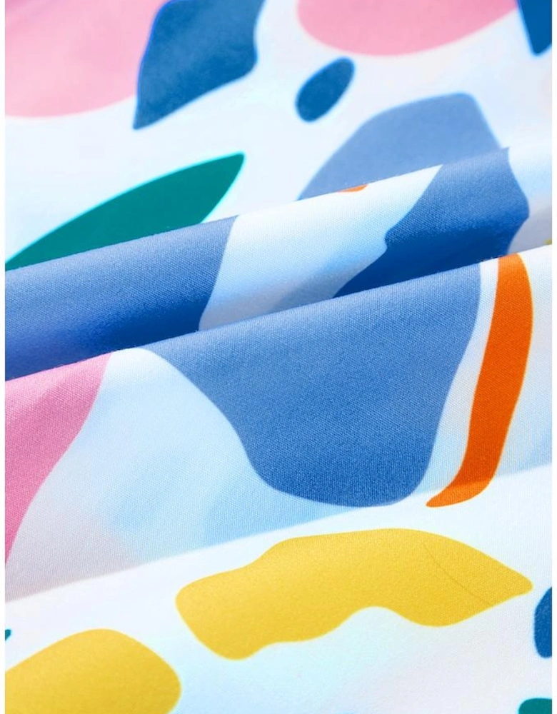 White Abstract Print Shirred Cuff Puff Sleeve Plus Size Blouse