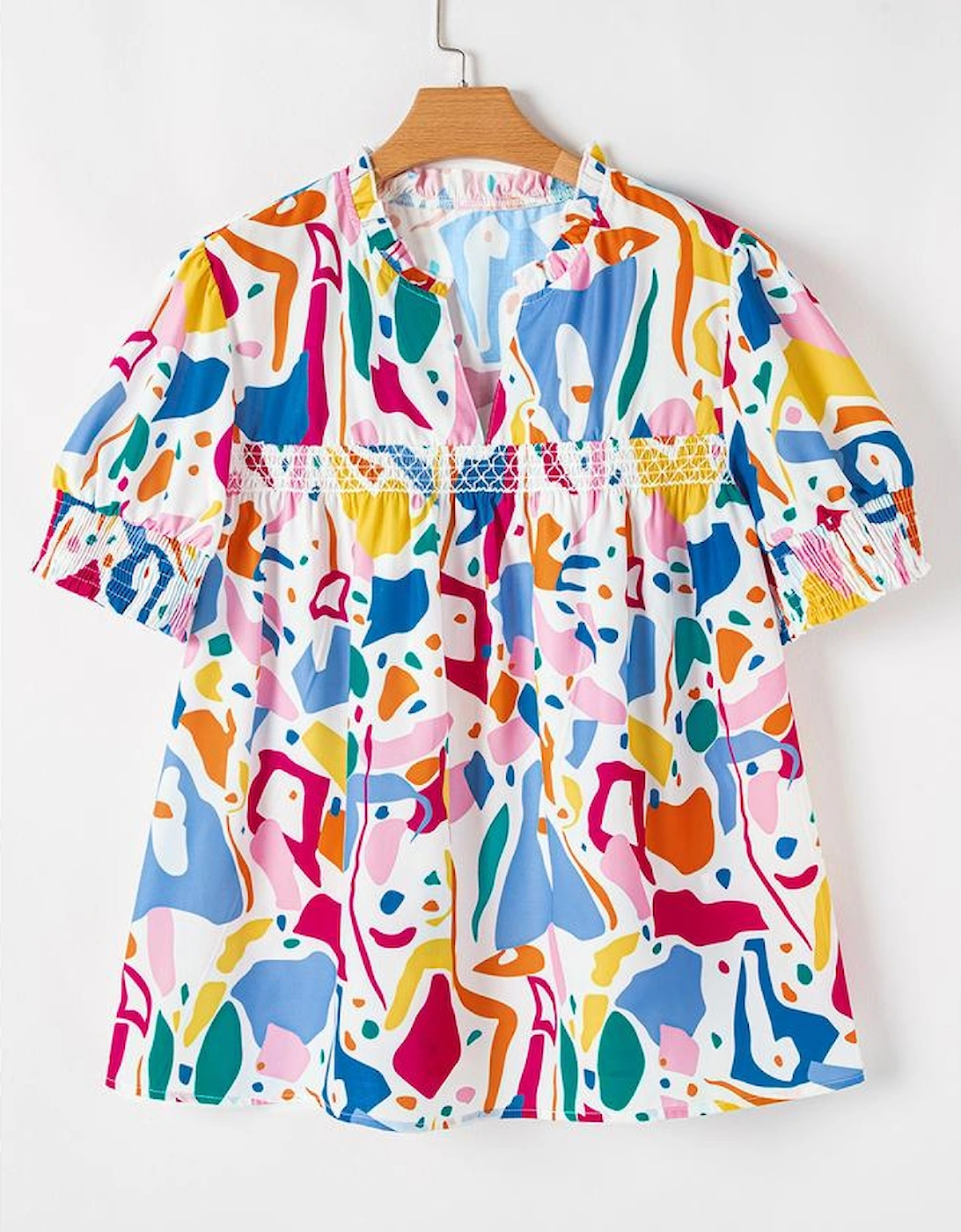 White Abstract Print Shirred Cuff Puff Sleeve Plus Size Blouse