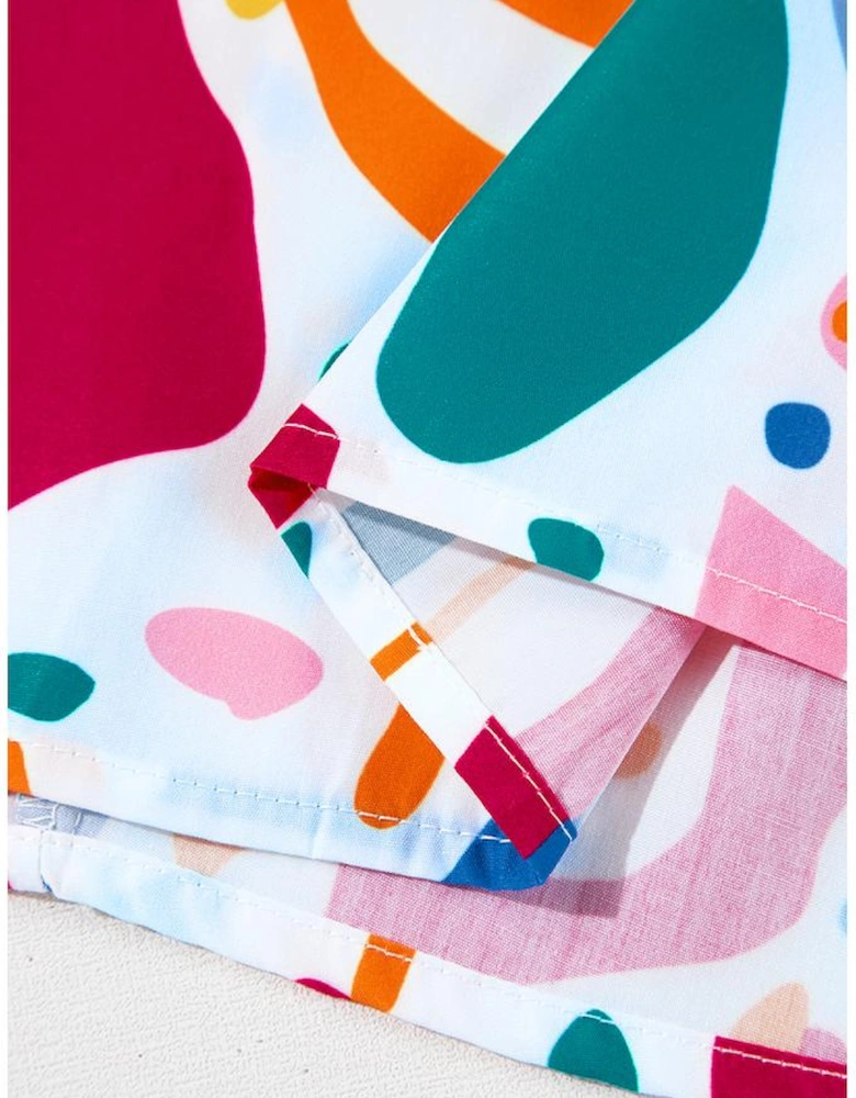 White Abstract Print Shirred Cuff Puff Sleeve Plus Size Blouse