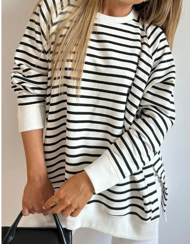 Black Stripe Raglan Sleeve Side Slits Loose Sweatshirt
