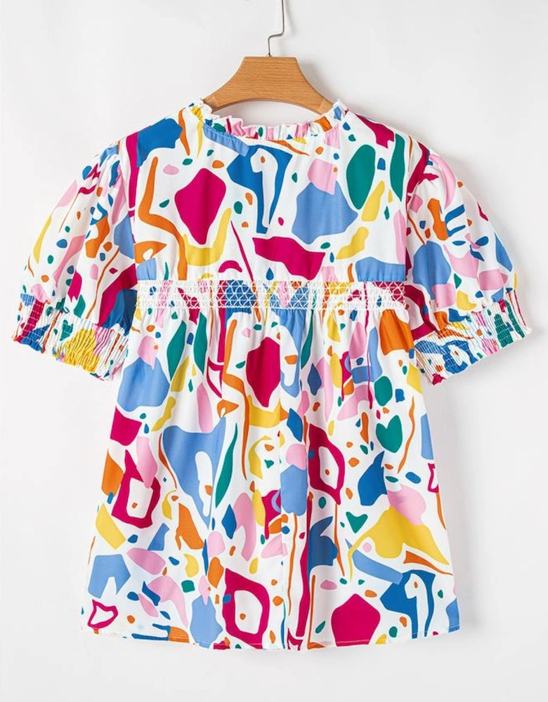 White Abstract Print Shirred Cuff Puff Sleeve Plus Size Blouse