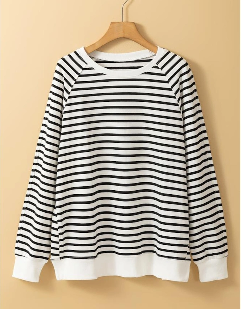 Black Stripe Raglan Sleeve Side Slits Loose Sweatshirt