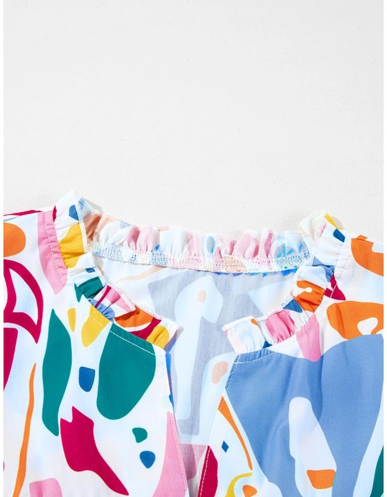 White Abstract Print Shirred Cuff Puff Sleeve Plus Size Blouse