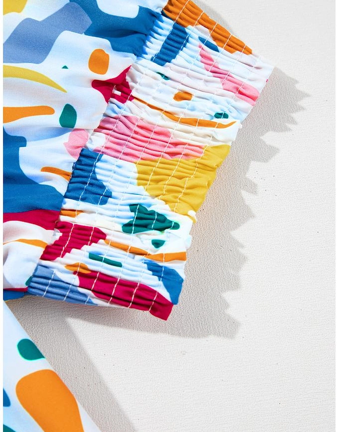 White Abstract Print Shirred Cuff Puff Sleeve Plus Size Blouse