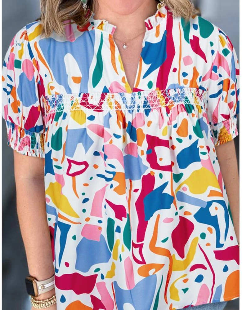 White Abstract Print Shirred Cuff Puff Sleeve Plus Size Blouse