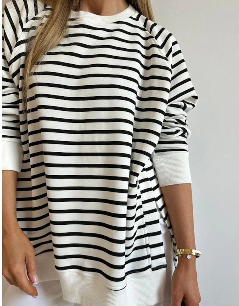 Black Stripe Raglan Sleeve Side Slits Loose Sweatshirt