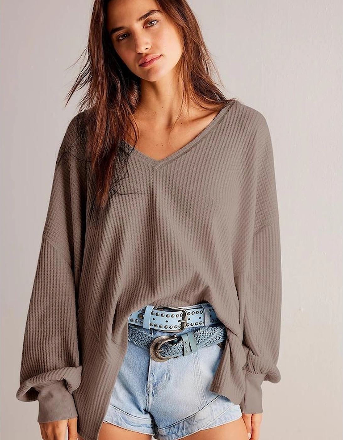 Coffee Waffle V Neck Long Sleeve Drop Shoulder Loose Blouse
