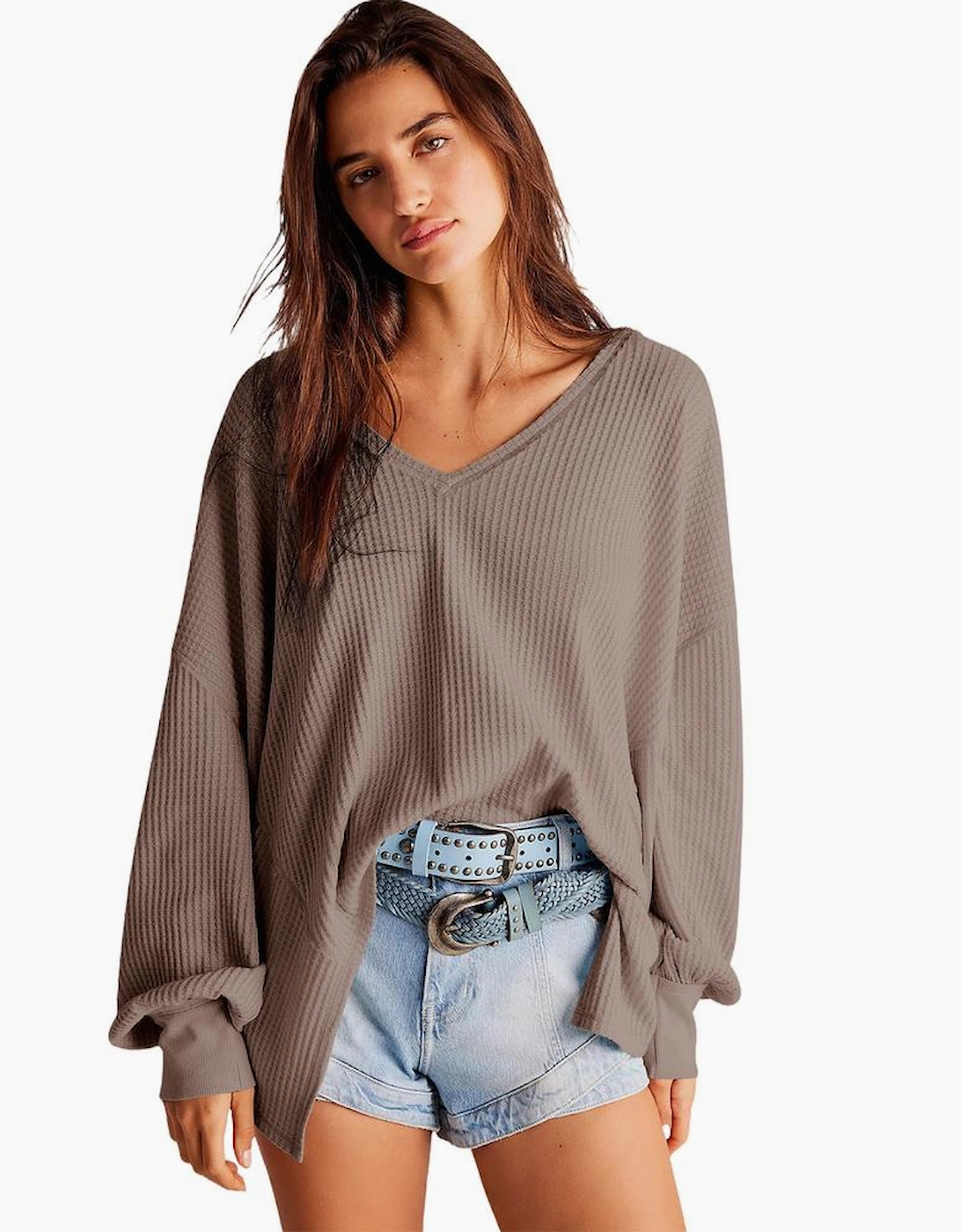 Coffee Waffle V Neck Long Sleeve Drop Shoulder Loose Blouse